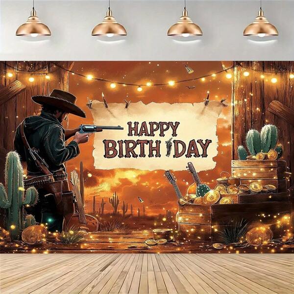 1 Pc Cowboy Themed Party Backdrop Banner, Western Style Birthday Printed Photography Background, Polyester Fabric, No Electricity Required, Suitable For Birthday, Wedding, Christmas Events | Car Style Background | Themed Illustration