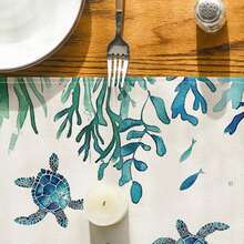 Sea Turtle, Jellyfish, Coral, Seaweed Summer Runner, Seasonal Holiday Kitchen Dining Table Decor, Home Party Indoor - Blue - View 5