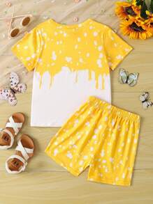 Conjunto informal de 2 piezas para niñas con blusa de manga corta con diseño de girasoles y mariposas y pantalones cortos con estampado de lunares para el verano
