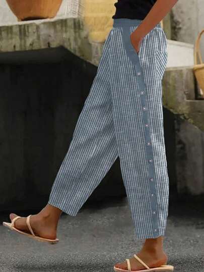 Pantaloni casual da vacanza a vita elastica con vita a righe e gamba affusolata