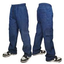 MEN'S SKATEBOARD, CASUAL, 5 POCKETS, DRAWSTRING CLOSURE, CARGO JOGGER PANTS, UNISEX FASHION - 深色水洗藍 - 查看 2