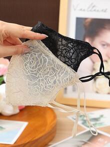 1pc Women's Camellia Embroidered Mesh Breathable Face Mask, Lace Washable Facial Cover, Face Shaping, Lightweight Sun Protection, Versatile Fashion Accessory - Multicolor - View 1