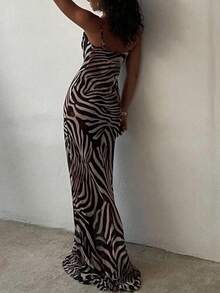 Sexy elegantes Maxikleid mit tief ausgeschnittenem Ausschnitt, slim fit, mit Zebra-Muster, feminin elegant, geeignet für Urlaub & Alltag