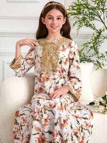 Tween Girl Southeast Asian Robe, Dubai Travel Floral Retro Printed Long Dress & Robe - Multicolor - View 3