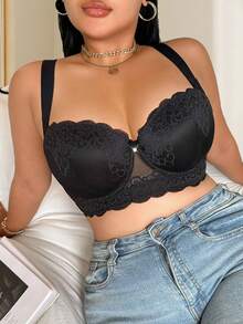 Plus Size Women Lace Patchwork Supportive Underwire Bra, Lift - Black - View 6