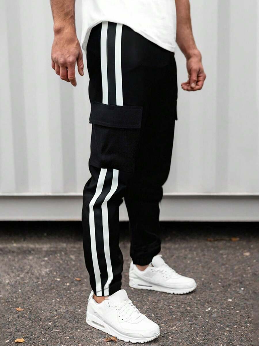 1pc Men's Loose Fit Summer Beach Casual Sports Pants, Versatile For Vacation, Daily Commute, Outdoor Activities, Fitness, Jogging, Loose Jogger Pants With Striped Ankle Cuffs, Street Style, Fall - Black - View 1