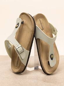 Women Arch Support Thong Slides Sandals Soft Cork Footbed Sandals With Adjustable Strap Leather Flip Flops Comfortable EVA Outsole Summer Beach Vacation Shoes