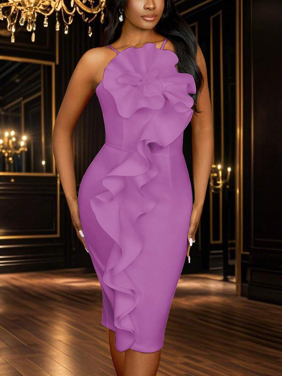 Vestido de dama de honor, despedida de soltera de mujer con tirantes finos, vestido ajustado con flores 3D hasta la rodilla, vestido de graduación
