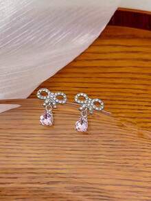 1 Pair Pink Crystal Heart & Bow Stud Earrings, Cute Rhinestone Decorated Earrings For Valentine's Day, Daily Dates, Parties, Vacations, Weddings - Pink - View 5