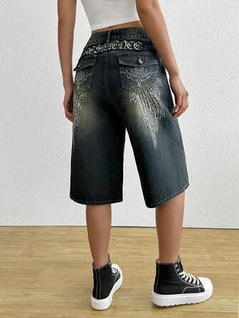 Black Embroidered Washed Denim Capri Pants, Fashionable & Minimalist