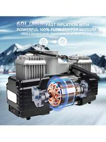 LIPETY Two-Cylinder Air Compressor With Pressure Gauge, Analog, 12 V, LED Lighting, Double Cylinder And Basic Tool For Pickup, SUV, Sedan, Crossover And Minivan - Dark Grey - View 6