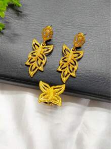 4pcs Gold Plated Flower & Leaf Pendant Necklace, Earrings, Bracelet And Ring Jewelry Set, Stylish For Women, Suitable For European, African, Dubai, Bridal, Wedding, Party, Mother's Day, Birthday, Festival, Everyday Wear