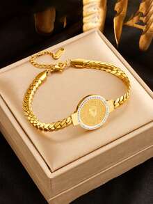 1pc Stainless Steel Large Round Disc Rhinestone Bracelet & Earrings Set, Suitable For Daily Wear - Golden - View 10