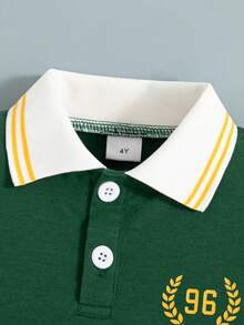 2 件套男童休闲户外时尚字母印花半开领常规版型短袖 Polo 衫和短裤套装，夏季 - 綠色 - 查看 3