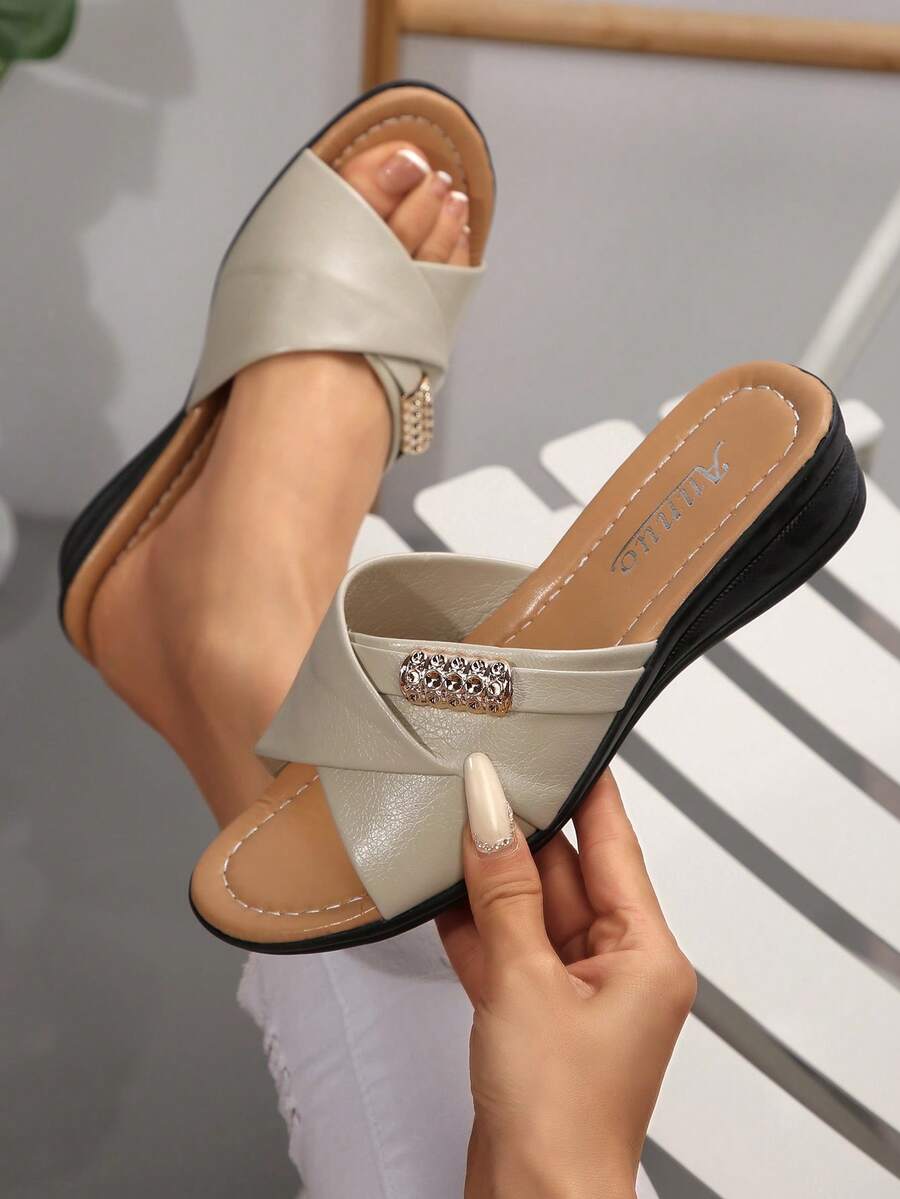 Women's Wedge Sandals, Casual Vacation Thick Sole Shoes, Shiny Rhinestone Decor, Comfortable Sandals