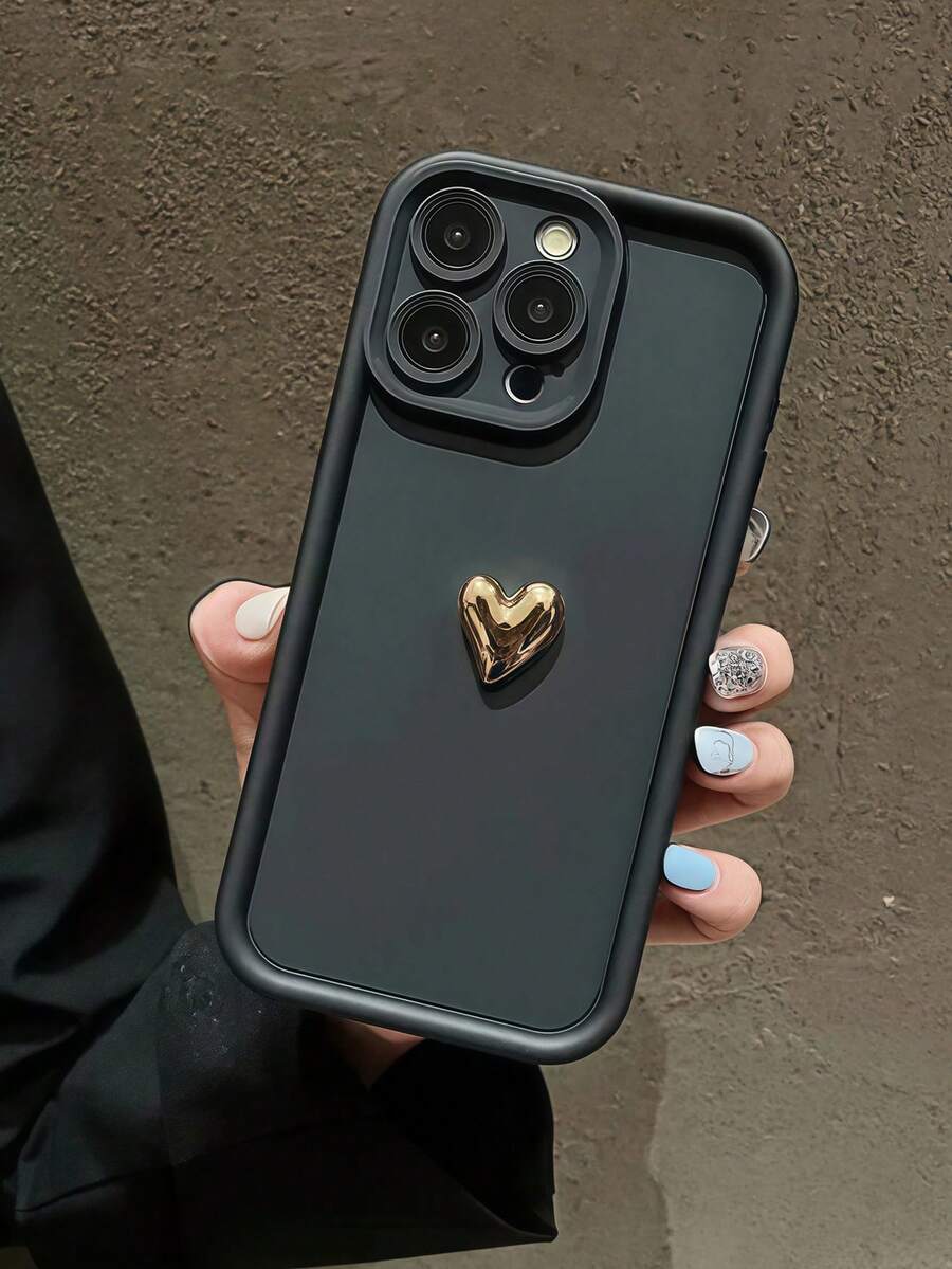 1pc Luxury 3D Golden Heart Soft Phone Case, Compatible With IPhone 16 16Promax 16Pro 16plus XR 15 14 Pro Max 12 13 Pro 11, Anti-Drop Candy Shell Waterproof Shockproof Scratch Resistant - Black - View 1