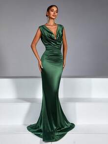 1pc Solid Color Elegant Backless Bodycon Dress With Side Zipper, Suitable For Valentine's Day Party - Dark Green - View 4