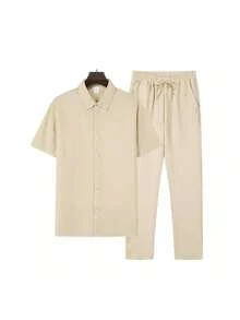 Men's 2 Piece Outfit Button Down Short Sleeve Loose Pants Set Summer Beach Vacation Outfits - White - View 4