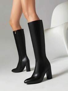 Women's Autumn/Winter Side Zipper Pointed Toe Thick Heel Tall Boots, Fashionable Knee-High Heeled Shoes - Black - View 3