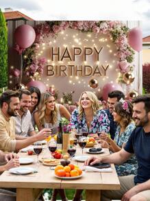 1pc 3D Floral Happy Birthday Photography Backdrops Pink Golden Balloons Flowers Party Banner 59.1*39.4/82.7*59.1/94.5*70.9/106.3*70.9 Inches Roses Green Leaves Photo Background Indoor Outdoor Newborn Shower Decoration Supplies