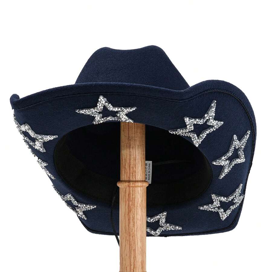 Sombrero de vaquera de ala ancha con estrellas de diamantes de imitación para hombre y mujer, ideal para bodas, carnavales, fiestas, viajes, accesorios de disfraz. - Azul marino - Ver 1