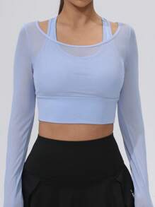 1pc Women Mesh Long Sleeve Cropped Yoga Sports T-Shirt With Built-In Bra Pad
