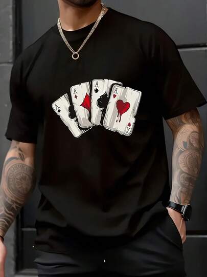 Camiseta Casual de Manga Corta para Hombre - Negra con Estampado Gráfico de Cartas de Juego Blancas, Cuello Redondo, Ajuste Regular Talla H, Tejido Transpirable para Gimnasio, Ropa de Exterior y Casual, Esencial para Primavera Verano Otoño, Camisetas de Gimnasio, Ropa de Verano, Camiseta de Cuello Redondo, Ajuste Cómodo, Ropa Casual Duradera, Estilo de Vida Activo, Diseño de Moda, Camiseta Ligera, Camiseta Impresa, Entusiastas del Fitness