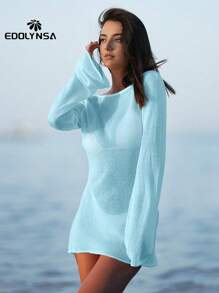 Sexy Backless Bell Sleeve Summer Seaside Women's Solid Knit Beach Mini Dress 2025 See-Through Short Dress Swimwear Cover Up - Baby Blue - View 7