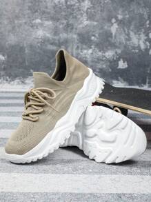 Lightweight & Breathable Khaki Casual Sneakers,Unisex Wide Fit Knitted Fabric, Comfortable Slip-On,Suitable For Spring/Summer, Casual Wear, Gifts, Travel, Outdoor Running