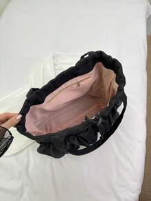 Large Capacity Canvas Tote Shoulder Bag, Versatile Fashion Casual Lace Decor Shoulder Bag - Black - View 11