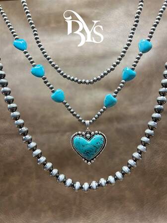 1 套复古西式仿珍珠串珠 3 层链项链，带粉色/红色/蓝色/白色心形吊坠，适合女士/女孩搭配日常/派对服装，可作为送给家人/朋友/自己的珠宝礼物