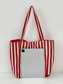 1 Bolso de hombro de diseño de doble cara con estilo de Doncella, bolso grande para niños, bolso de estudiante de gran capacidad, bolsa de tutoría, bolsa de almacenamiento, bolsa casual portátil, adecuada para compras, fiestas, vacaciones, eventos festivos, entretenimiento y otras ocasiones. Decoración con parche de letra y rayas de contraste de color, un regalo perfecto para chicas jóvenes, estudiantes adolescentes, etc.