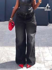 Women's Vintage Frayed Hem Loose Wide Leg Casual Boyfriend Style Jeans - Black - View 5