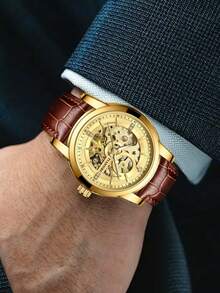 Men Luxury Automatic Mechanical Watch Waterproof Sports PU Leather Strap Waterproof Men Watch Business Watch Casual Male Clock, 1pc Man Gifts - one-size - View 5
