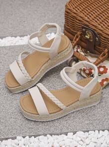 1 Pair Teen Girls Beige Sandals (Run Large One Size), Fashionable Square Toe Thick Sole Girls Beach Sandals, Comfortable Lightweight Summer Woven Rope Children Shoes, Suitable For School And Daily Wear