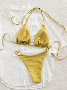 Nuovo bikini da donna a triangolo in colore tinta unita con laccetti sexy