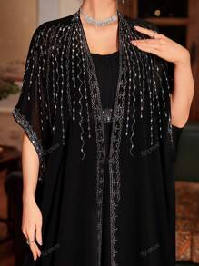Kexmon Elegant V-Neck Rhinestone Embellishment Chiffon Two-Piece Elegant Arabic Style Long Dress