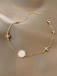 1 件微镶嵌锆石梅花手链，韩国别致设计，尾链上珠子随机或无珠 - 金黃色 - 查看 2