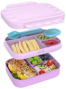 Boîte à lunch Bento classique - Boîte-repas étanche à compartiments multiples empilables avec pot à sauce, capacité de 5,8 tasses, comprend un set de couverts, fournitures scolaires