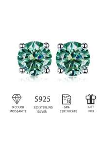 1PC Classic Four Claws Stud Earrings Green Color Moissanite Diamond S925 Silver Fine Jewelry For Men Women Daily Wear Accessories, Dates, Wedding, Engagement, Anniversary Or Valentine's Day The Best Gifts. - Green - View 2