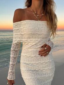 1 Pc Off Shoulder Long Sleeve Form-Fitting Sexy Minimalist Sexy Mini Dress - Apricot - View 1