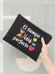 印花帆布手提袋，配黑色收纳袋，印有“El-Tiempo Dios Es Perfecto”字样、彩色太阳和爱心图案，便携休闲收纳手提包，简约旅行收纳袋，大容量旅行化妆包，旅行包 - 黑色 - 查看 14