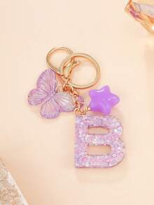 1 Pc Creative Key Chain With Letter Stone Resin Pendant, Butterfly Tassel Letter Keychain For Girl - Purple - View 23
