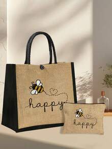 可爱蜜蜂手提包套装：轻便购物袋，带迷你零钱包。旅行化妆包：户外化妆的完美之选！送给母亲、老师、朋友的绝佳礼物，可用作便携休闲收纳袋、运动装饰包、礼品袋、化妆包、教师节礼物、可重复使用的化妆包。