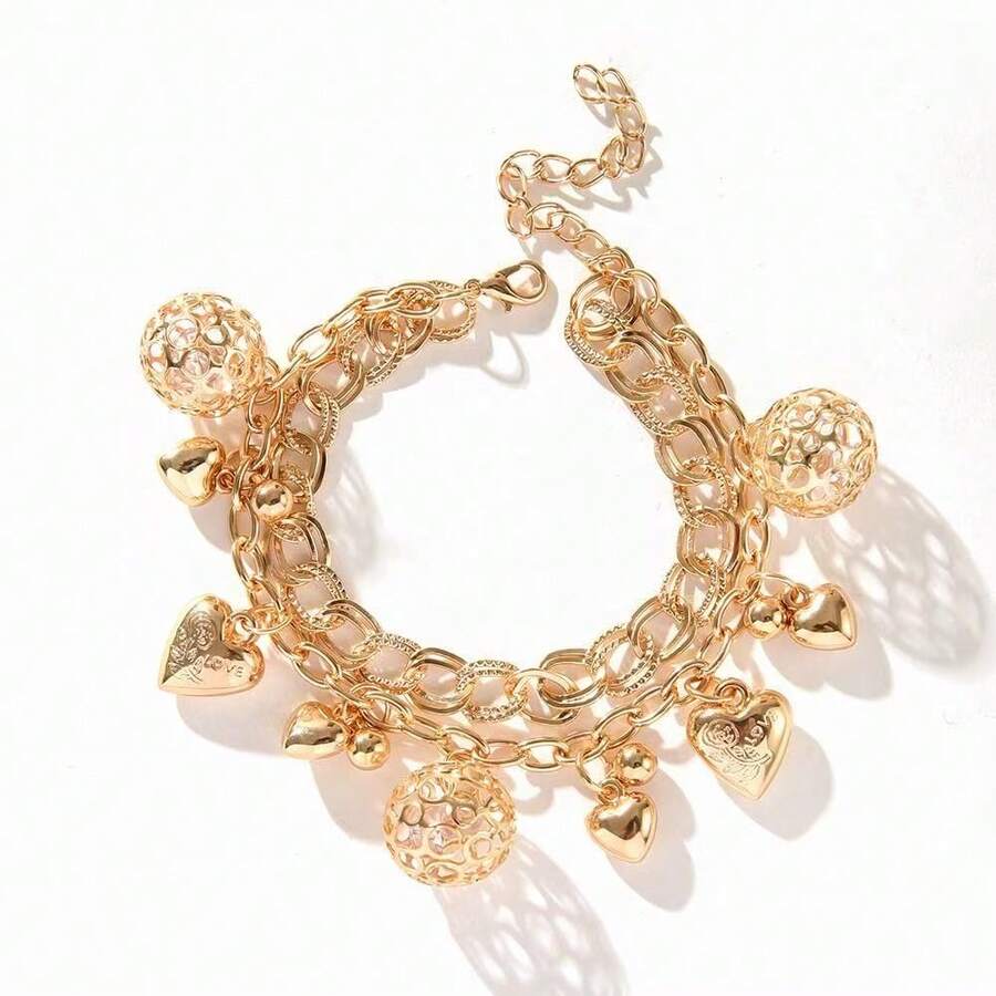 1 Pc Multi-Layer Bracelet With Diamond Ball, Heart And Chain Charms - Yellow Gold - View 1