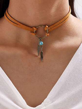 波西米亚风绿松石羽毛项链 - PU 皮革颈链，配绿松石和羽毛叶吊坠，适合节日复古珠宝或日常自由奔放风格