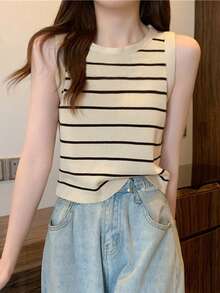 女士针织吊带背心上衣，时尚修身汗衫 - 杏色 - 查看 4