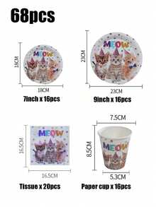 68 件套，一次性餐具，三只猫主题一次性纸杯，7 英寸纸杯，9 英寸纸杯，纸巾，纸杯，盘子，派对托盘，材料，适用于生日派对、下午茶、婚礼、新娘送礼会、招待会、派对、野餐、宠物生日、露营、烧烤和其他节日装饰。 - 彩色 - 查看 2