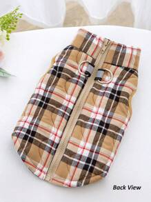 1pc Khaki Flannel Plaid Gourd Quilted Dog Coat With Back Zipper, Washable Pet Jacket Suitable For Large, Medium And Small Dogs, For Home Or Outdoor Wear