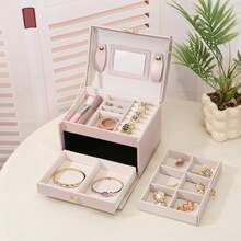 New 3-Layer Large Capacity Jewelry Storage Box, Portable Jewelry Box With Mirror, Dresser Jewelry Box With Drawers, Leather Jewelry Box Gift, Delicate Display Storage Container, Bathroom Organizer, Desk Drawer Box Graduation